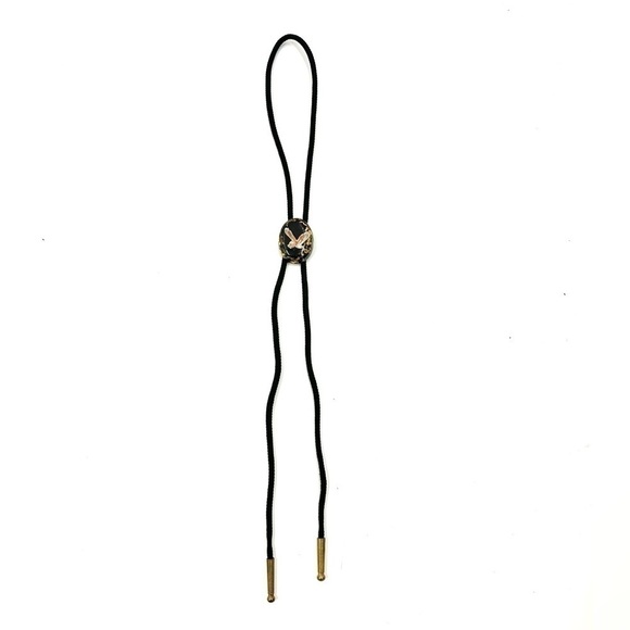 Bolo Tie Flying Bald Eagle Gold Leaf on Black Background Western Necklace - Picture 2 of 9